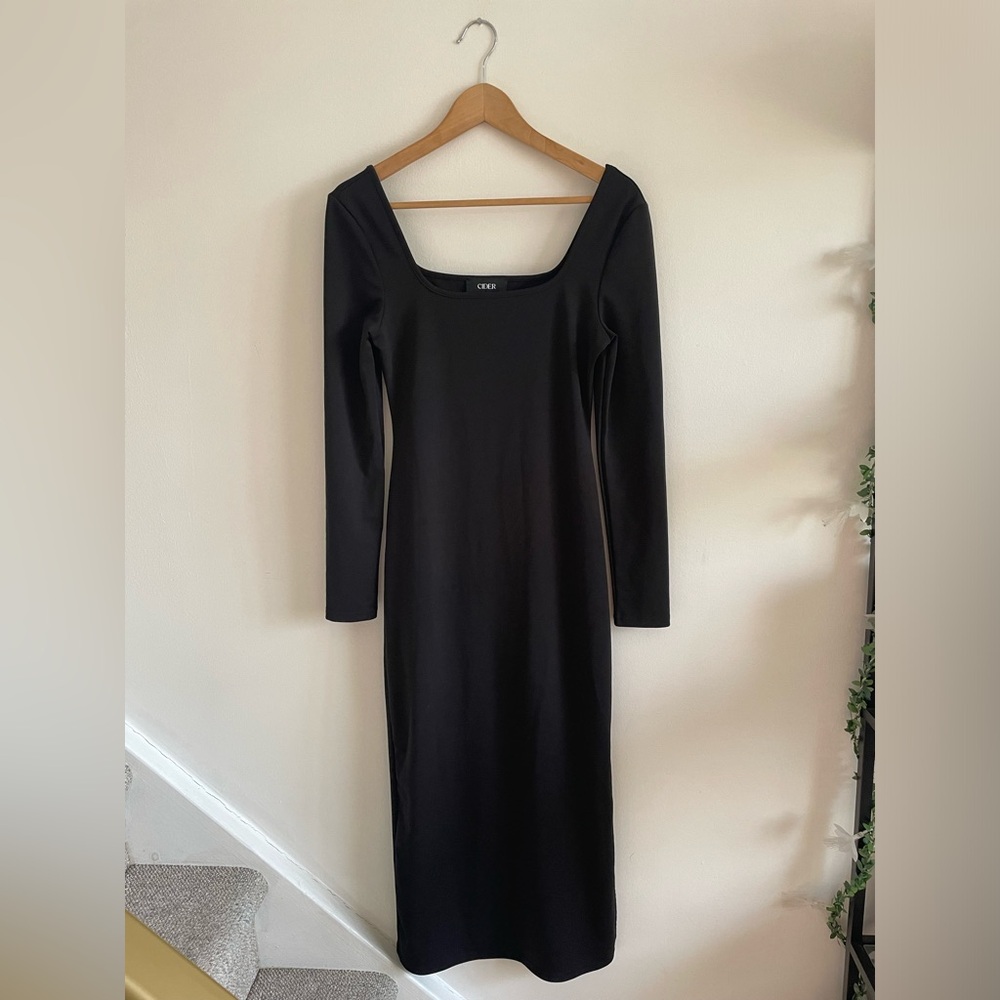 NWOT Cider Black Long Sleeve Square Neck Goth 90s Minimalist Cocktail Midi Dress
